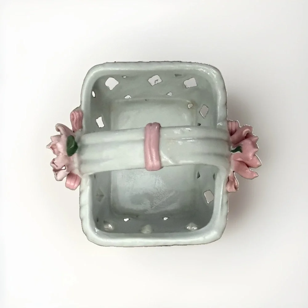 Porcelain Basket Decorative Hand Painted Flowers Miniature Candy Jewelry Trinket